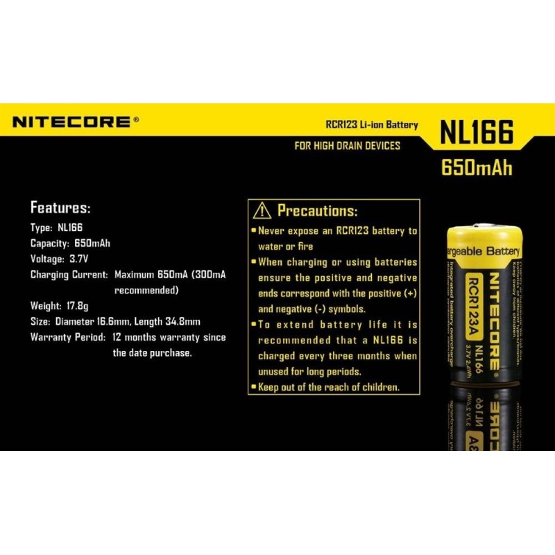 Batteria RICARICABILE  RCR123 - 650 mAh - NITECORE