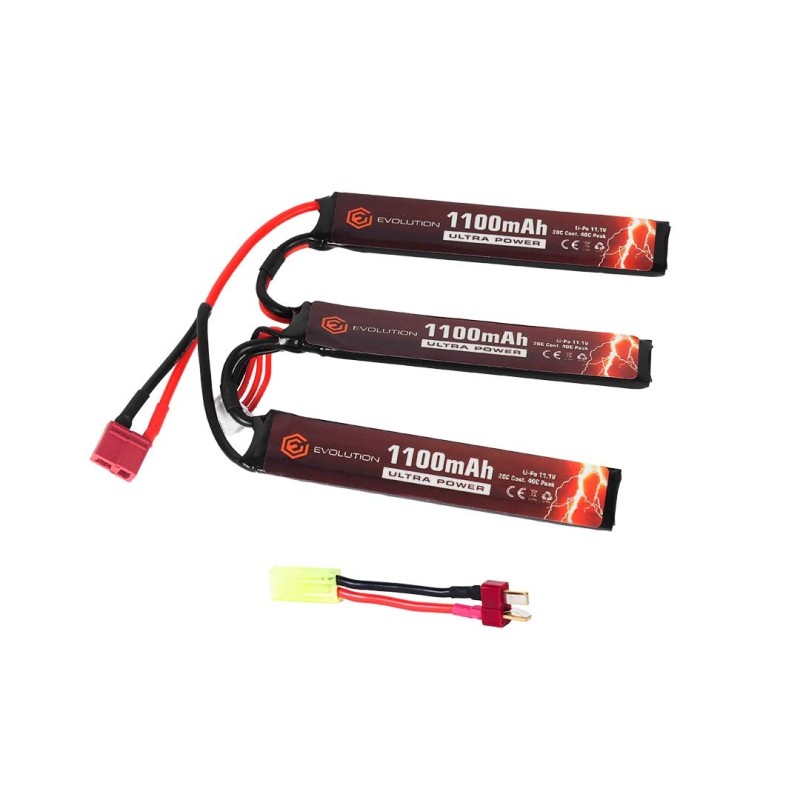 LI-PO ULTRA POWER 11.1V 1100MAH 20C - 40C PEAK - CON DEANS + ADATTATORE -EVOLUTIO AIRSOFT