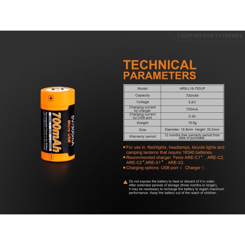 Batteria RICARICABILE USB  RCR123 - 700 mAh - Fenix